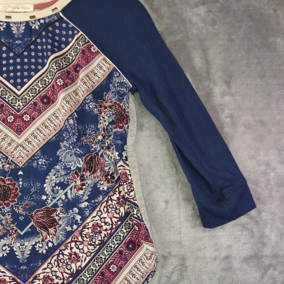 Women's XS Boho Patchwork Blue Print Lace Back Raglan Top 3/4 Sleeve Blouse - Picture 6 of 9